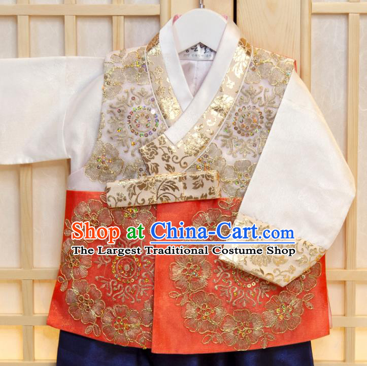 Korea Children Garment Red Vest White Shirt and Navy Pants Korean Boys Prince Birthday Hanbok Costumes Traditional Fashion Clothing