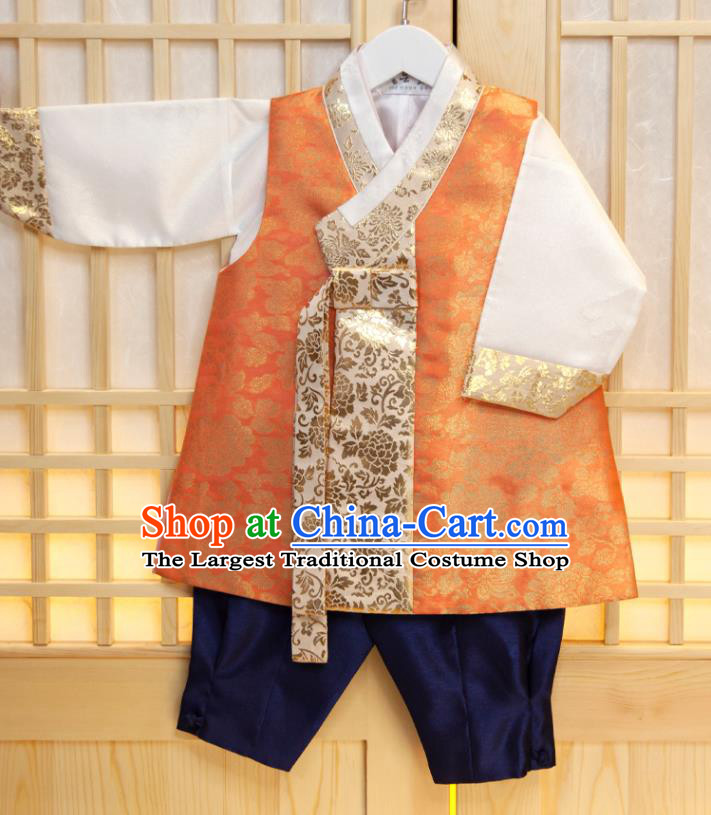 Korean Boys Prince Birthday Hanbok Costumes Korea Traditional Fashion Clothing Children Garment Orange Vest White Shirt and Navy Pants