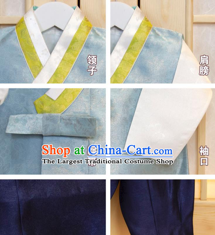 Korea Traditional Fashion Clothing Korean Children Garment Blue Vest White Shirt and Navy Pants Boys Prince Birthday Hanbok Costumes