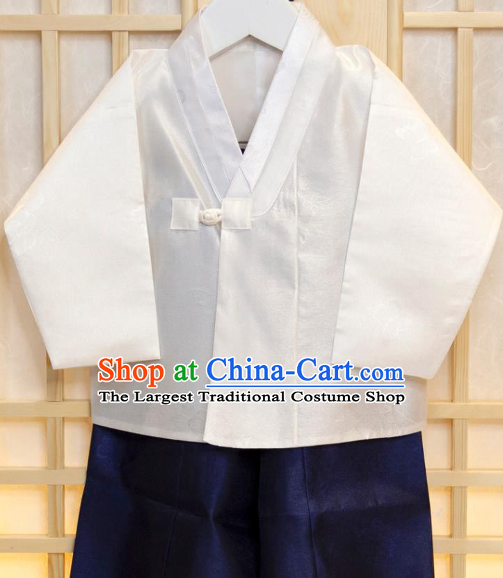 Korea Traditional Fashion Clothing Korean Children Garment Blue Vest White Shirt and Navy Pants Boys Prince Birthday Hanbok Costumes