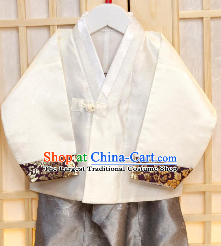 Korean Boys Prince Birthday Fashion Costumes Korea Traditional Hanbok Clothing Children Garment Black Vest White Shirt and Grey Pants