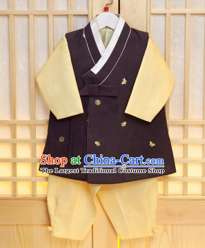 Korean Traditional Garment Costumes Boys Prince Birthday Fashion Korea Hanbok Clothing Children Purple Vest Yellow Shirt and Pants