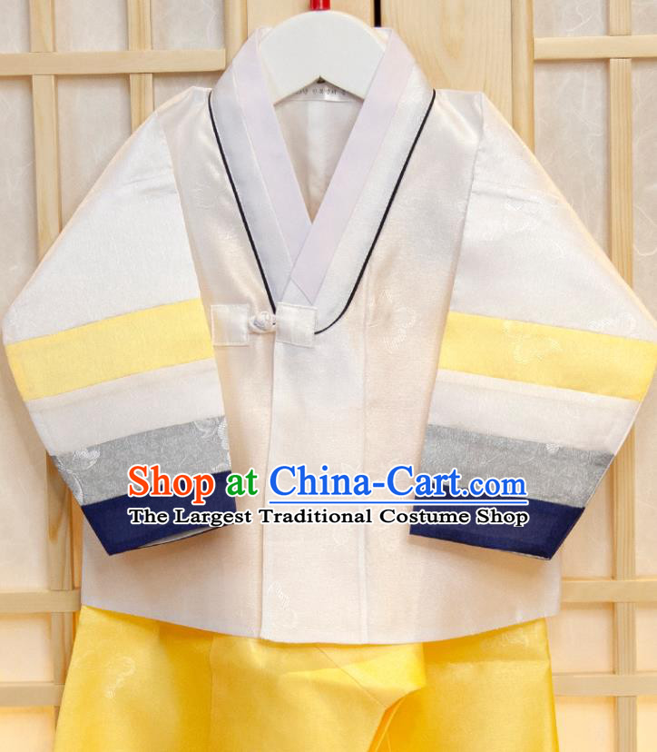 Korea Boys Prince Birthday Fashion Hanbok Clothing Korean Children Navy Vest White Shirt and Yellow Pants Traditional Garment Costumes