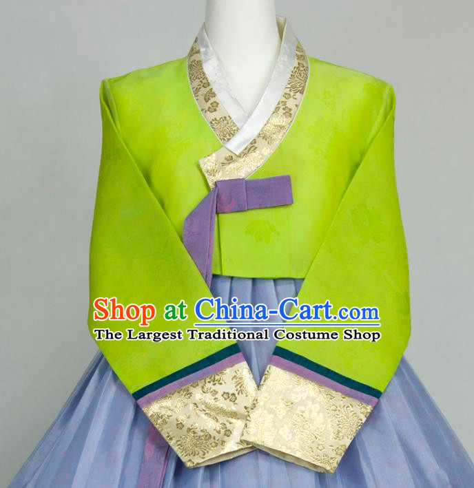 Korean Elderly Woman Hanbok Green Blouse and Blue Dress Wedding Bride Mother Fashion Costumes Traditional Festival Clothing