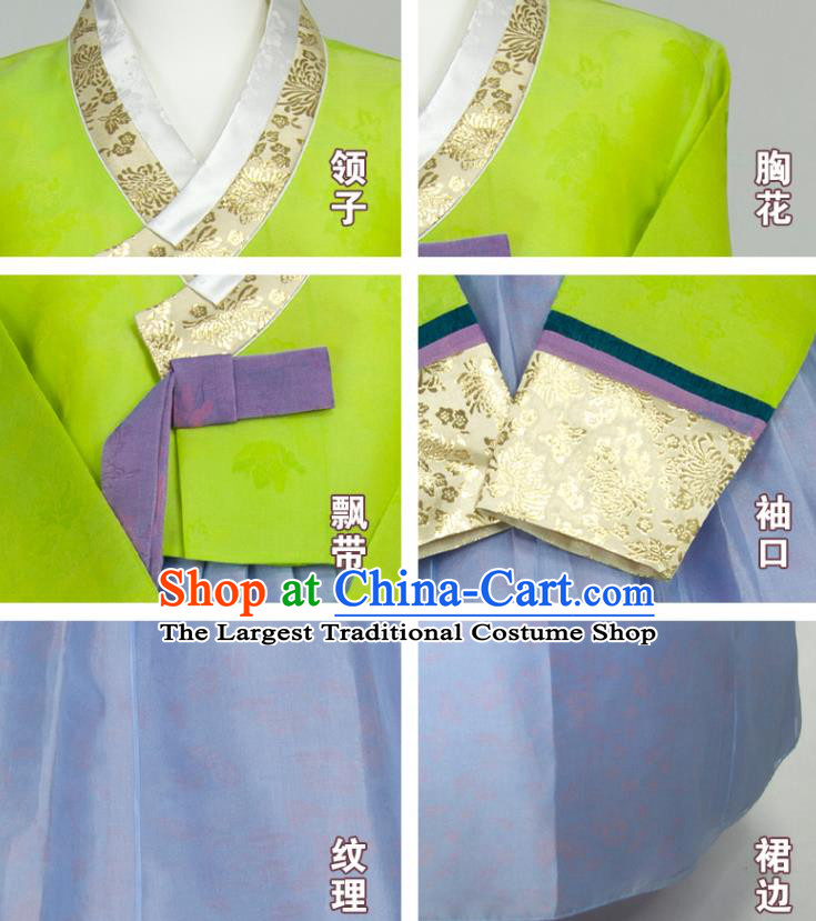 Korean Elderly Woman Hanbok Green Blouse and Blue Dress Wedding Bride Mother Fashion Costumes Traditional Festival Clothing