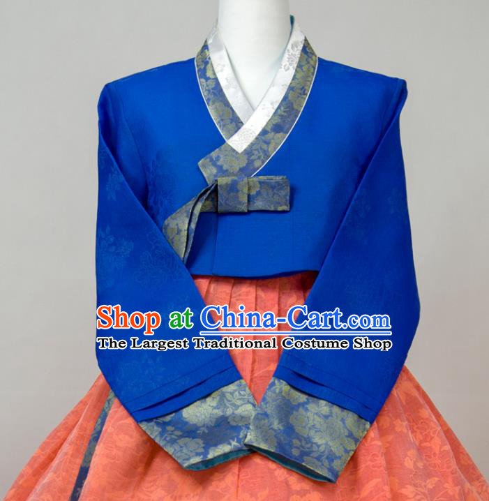 Korean Traditional Festival Clothing Elderly Woman Hanbok Royalblue Blouse and Red Dress Wedding Bride Mother Fashion Costumes