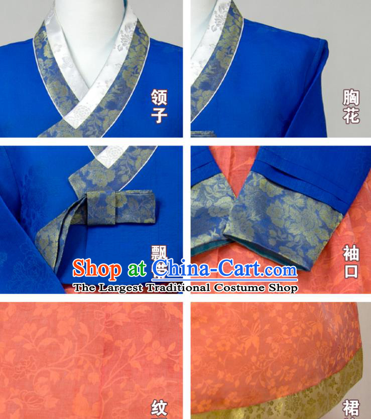 Korean Traditional Festival Clothing Elderly Woman Hanbok Royalblue Blouse and Red Dress Wedding Bride Mother Fashion Costumes
