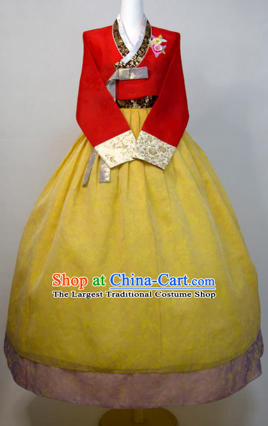 Korean Court Woman Hanbok Red Blouse and Yellow Dress Wedding Bride Fashion Costumes Traditional Festival Clothing