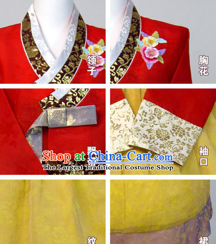 Korean Court Woman Hanbok Red Blouse and Yellow Dress Wedding Bride Fashion Costumes Traditional Festival Clothing