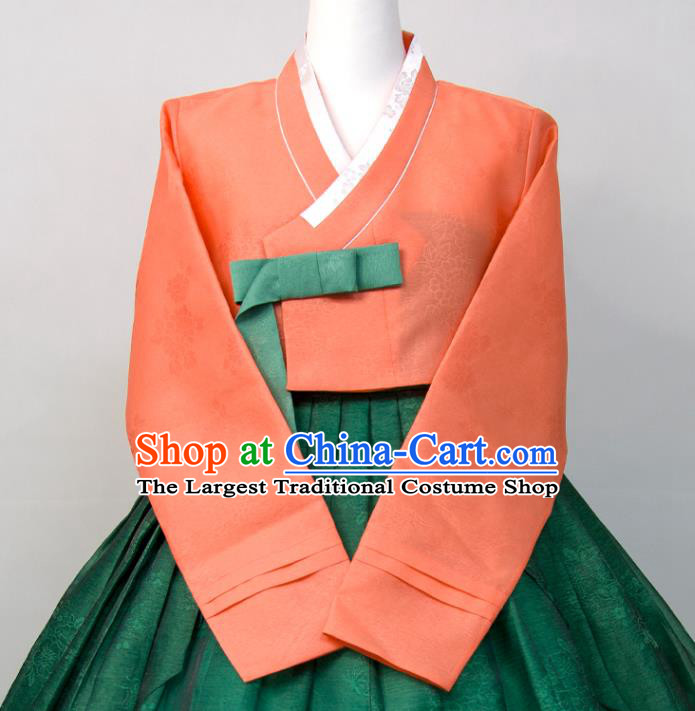 Korean Traditional Festival Celebration Clothing Court Woman Hanbok Orange Blouse and Green Dress Wedding Bride Fashion Costumes