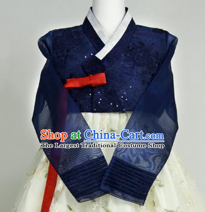 Korean Traditional Classical Dance Clothing Court Hanbok Navy Blouse and Beige Dress Festival Celebration Fashion Costumes