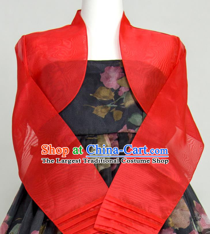 Korean Court Hanbok Red Blouse and Printing Black Dress Classical Dance Fashion Costumes Traditional Festival Celebration Clothing