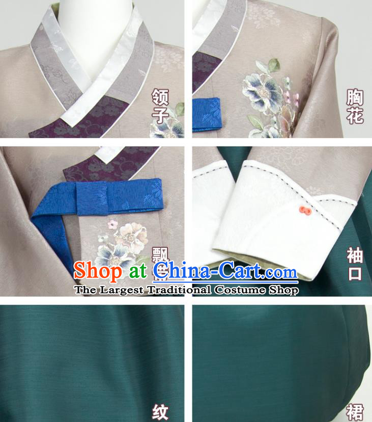 Korean Traditional Festival Celebration Clothing Court Hanbok Embroidered Grey Blouse and Green Dress Classical Dance Fashion Costumes