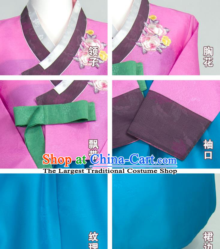 Korean Classical Bride Fashion Costumes Traditional Wedding Celebration Clothing Court Hanbok Embroidered Violet Blouse and Blue Dress