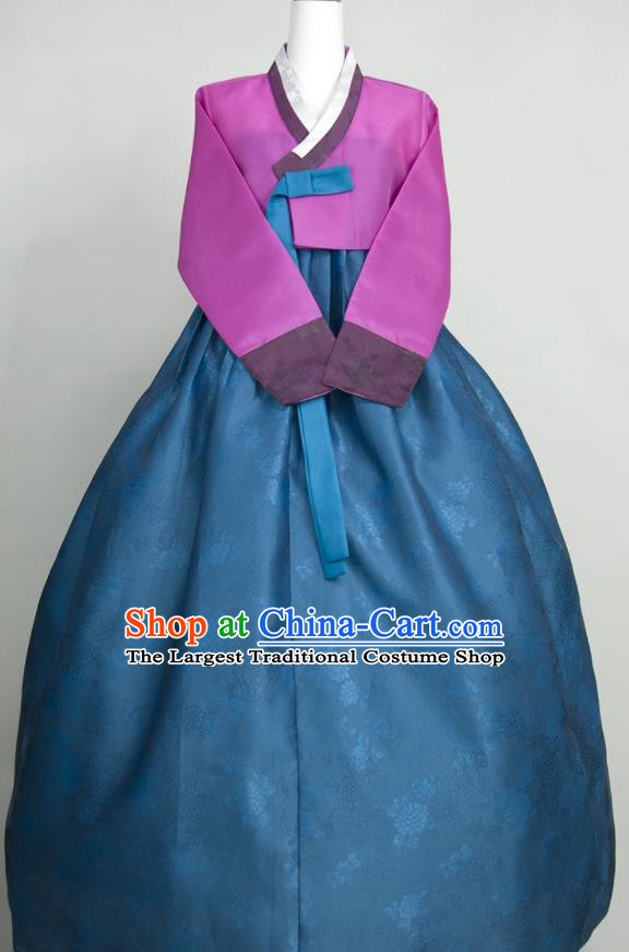 Korean Court Hanbok Purple Blouse and Blue Dress Classical Bride Fashion Costumes Traditional Wedding Celebration Clothing
