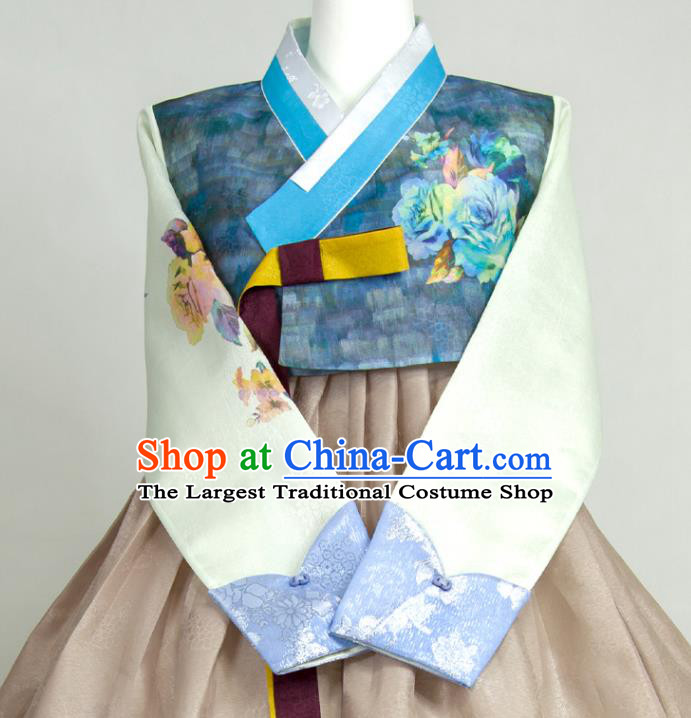 Korea Bride Mother Fashion Costumes Korean Classical Hanbok Printing Blue Blouse and Grey Dress Traditional Wedding Celebration Clothing