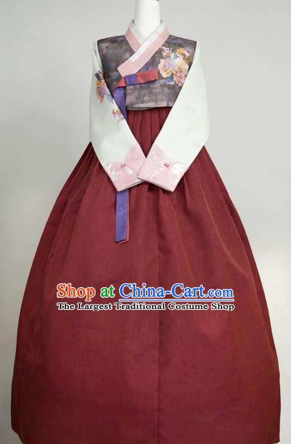 Korean Bride Mother Fashion Costumes Korea Classical Hanbok Printing Grey Blouse and Wine Red Dress Traditional Wedding Celebration Clothing