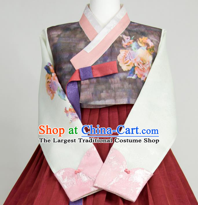 Korean Bride Mother Fashion Costumes Korea Classical Hanbok Printing Grey and Wine Red Dress Traditional Wedding Celebration Clothing