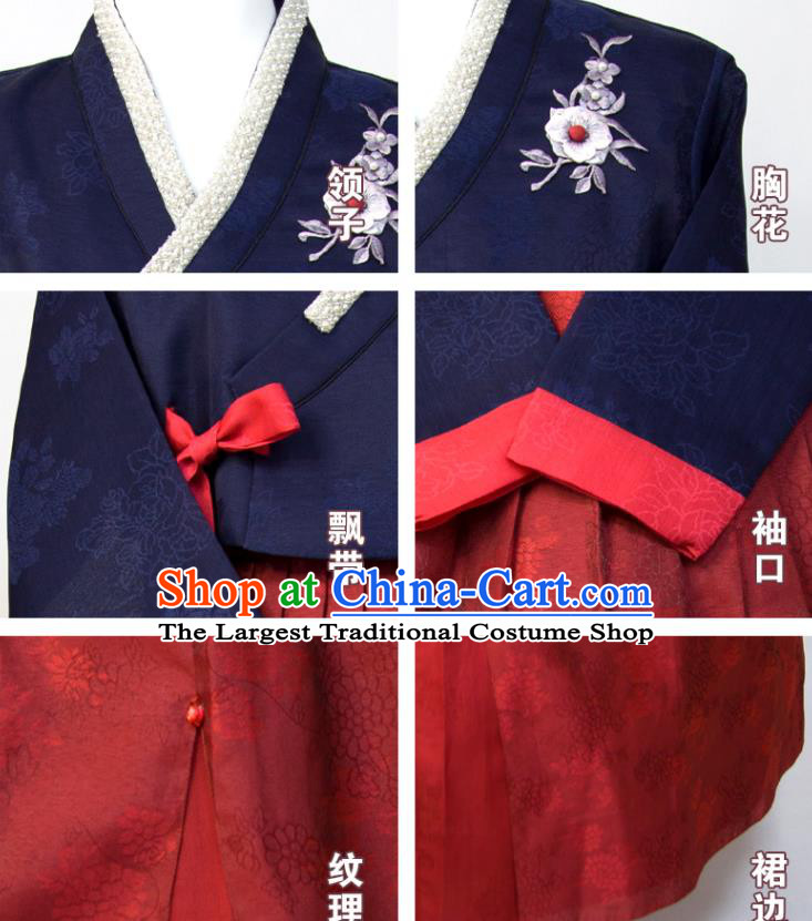Korea Classical Hanbok Navy and Dark Red Dress Korean Traditional Wedding Mother Clothing Celebration Fashion Costumes