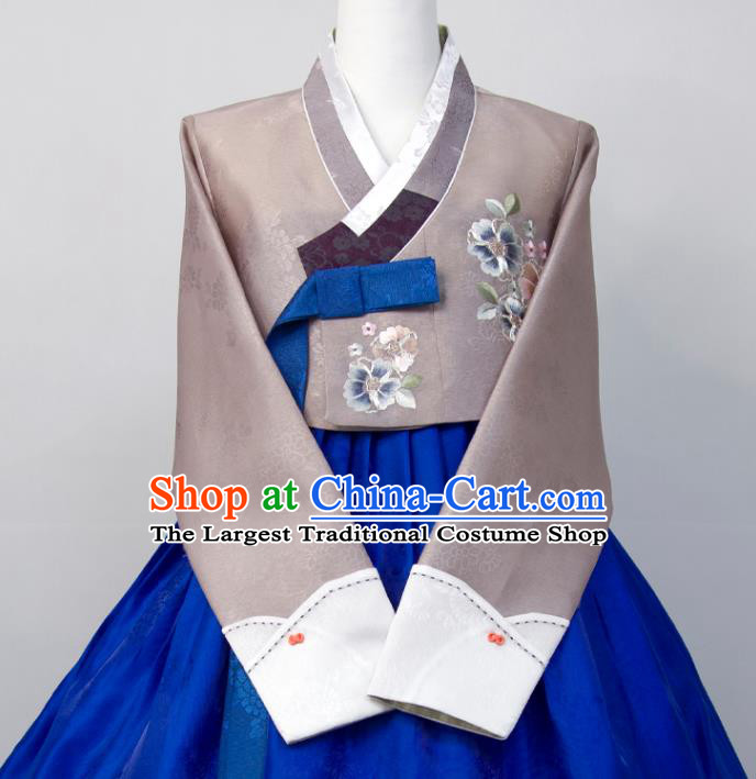 Korean Traditional Wedding Mother Clothing Korea Celebration Fashion Costumes Elderly Woman Classical Hanbok Grey and Royalblue Dress