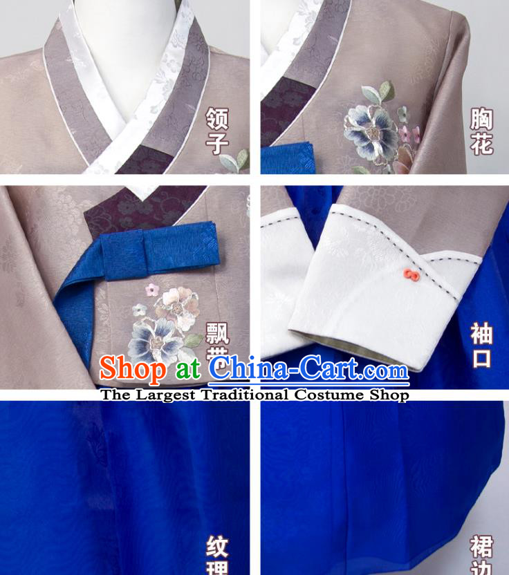 Korean Traditional Wedding Mother Clothing Korea Celebration Fashion Costumes Elderly Woman Classical Hanbok Grey and Royalblue Dress