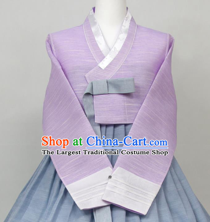 Korean Elderly Woman Classical Hanbok Lilac and Blue Dress Traditional Wedding Mother Clothing Korea Celebration Fashion Costumes