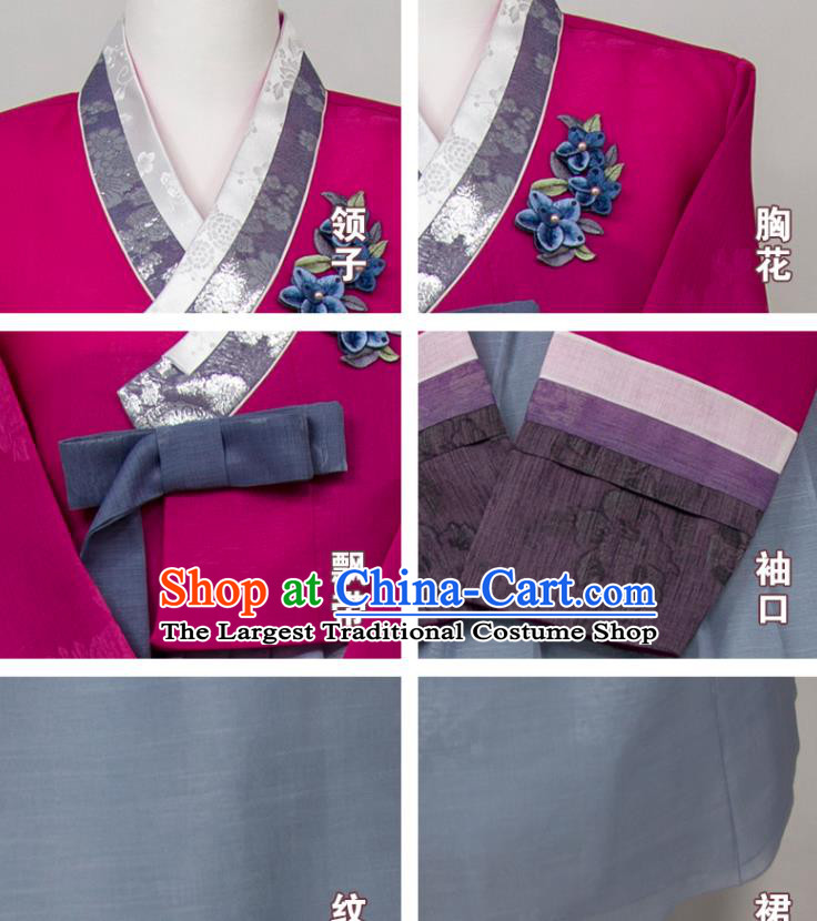 Korea Wedding Celebration Mother Fashion Costumes Korean Elderly Woman Classical Hanbok Purple and Blue Dress Traditional Festival Clothing