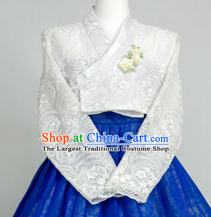 Korean Young Lady Classical Hanbok White Lace and Royalblue Dress Korea Traditional Festival Clothing Wedding Bride Fashion Costumes