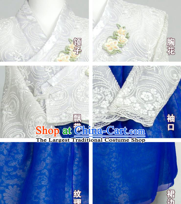 Korean Young Lady Classical Hanbok White Lace and Royalblue Dress Korea Traditional Festival Clothing Wedding Bride Fashion Costumes