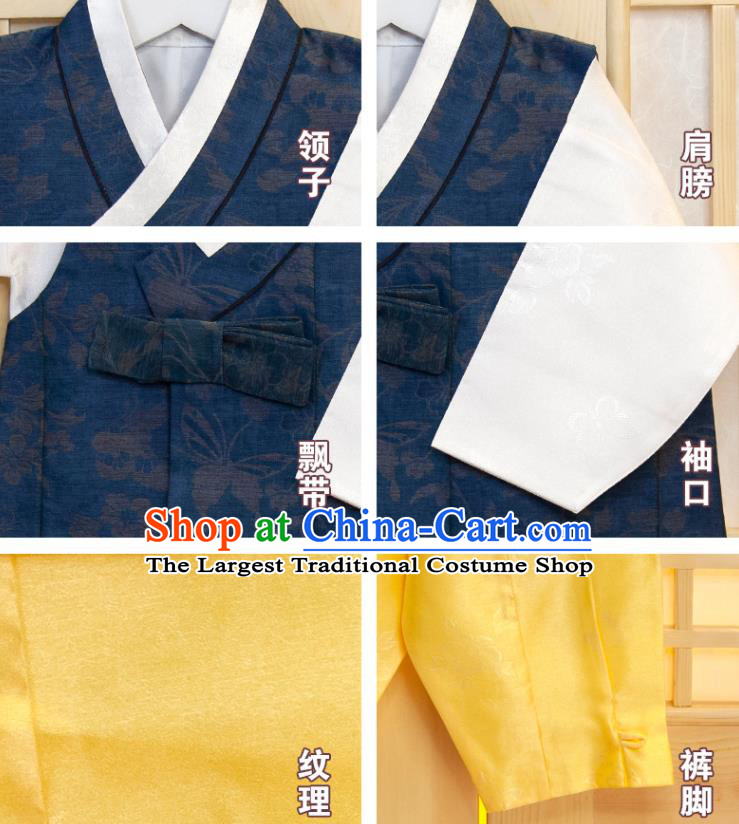 Korea Boys Prince Birthday Fashion Costumes Korean Traditional Hanbok Clothing Children Garment Navy Vest White Shirt and Yellow Pants