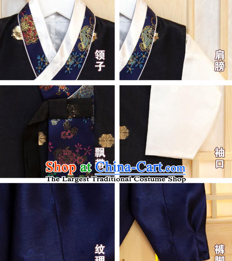 Korean Boys Prince Birthday Fashion Hanbok Clothing Children Black Vest White Shirt and Navy Pants Korea Traditional Garment Costumes