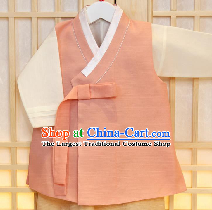 Korean Boys Prince Birthday Fashion Costumes Traditional Hanbok Clothing Korea Children Garment Pink Vest Beige Shirt and Yellow Pants