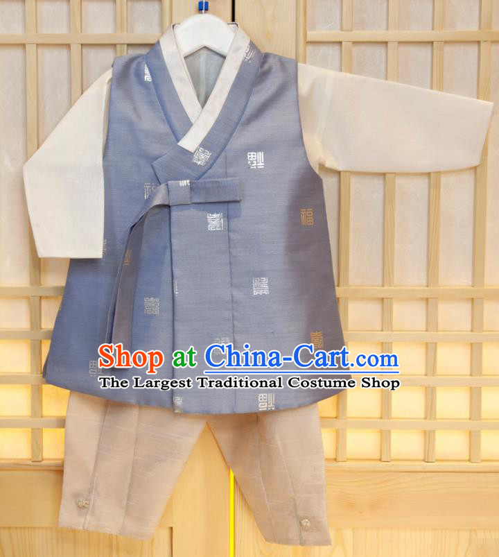Korea Hanbok Clothing Boys Prince Fashion Korean Children Festival Blue Vest Beige Shirt and Khaki Pants Traditional Garment Costumes