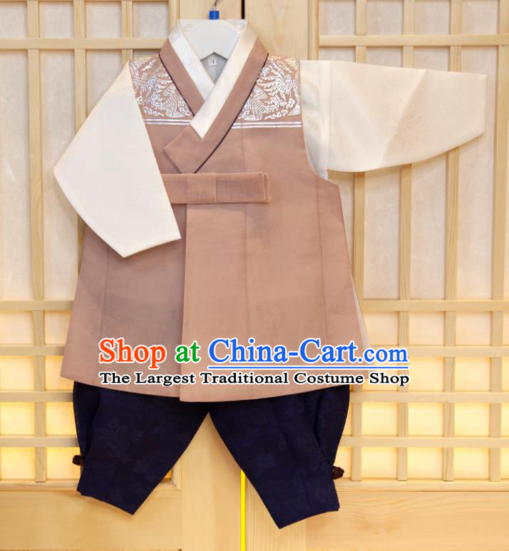 Korea Traditional Garment Costumes Hanbok Clothing Boys Prince Fashion Korean Children Festival Khaki Vest Beige Shirt and Navy Pants