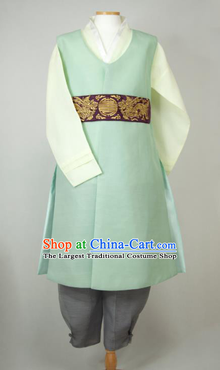 Korean Traditional Costumes Korea Classical Wedding Bridegroom Clothing Young Male Hanbok Green Long Vest Beige Shirt and Grey Pants
