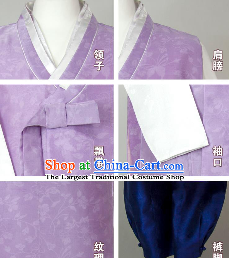 Korean Young Male Hanbok Violet Long Vest White Shirt and Navy Pants Traditional Costumes Korea Classical Wedding Bridegroom Clothing