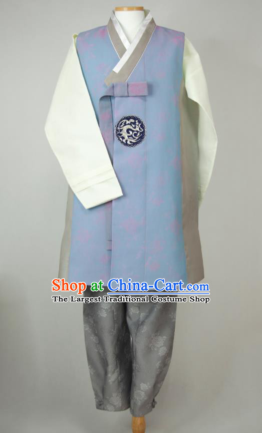 Korean Hanbok Young Male Blue Long Vest Beige Shirt and Grey Pants Traditional Costumes Korea Classical Wedding Bridegroom Clothing