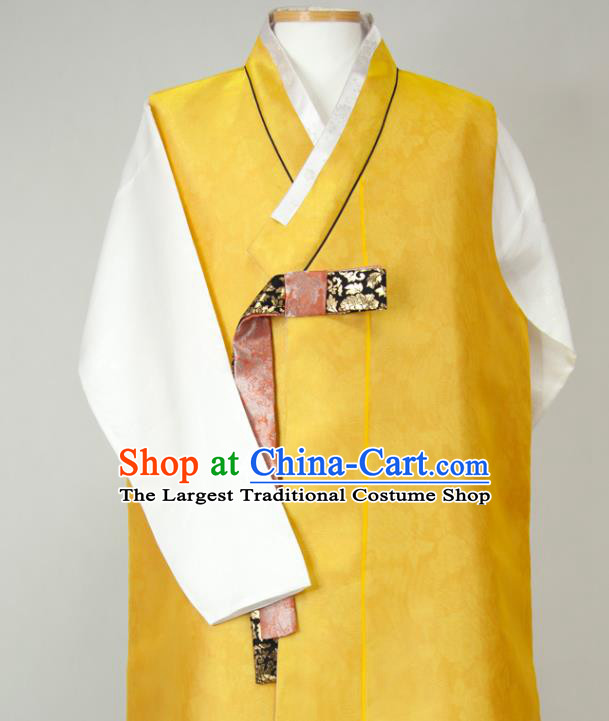 Korea Classical Wedding Bridegroom Clothing Korean Hanbok Young Male Yellow Long Vest White Shirt and Navy Pants Traditional Costumes