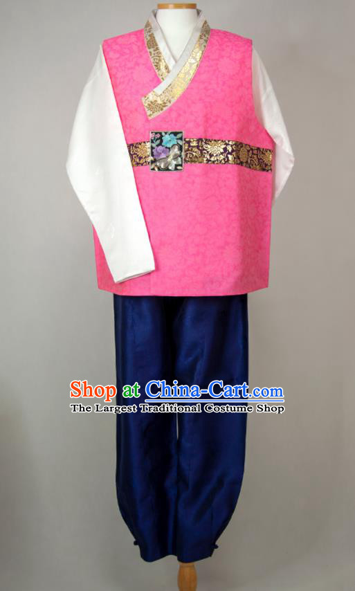 Korean Wedding Hanbok Korea Young Male Rosy Vest White Shirt and Navy Pants Traditional Festival Costumes Bridegroom Clothing