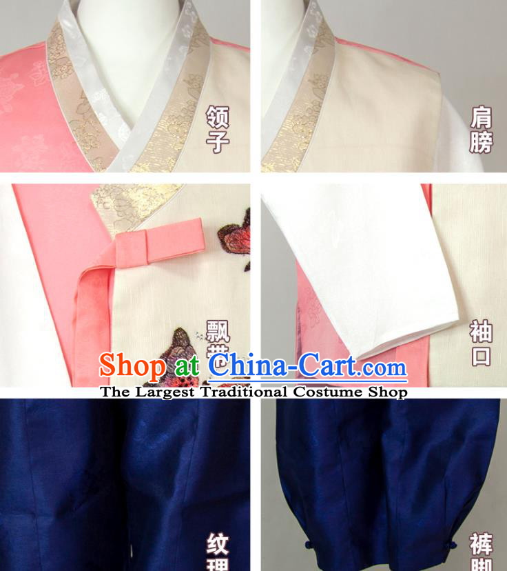 Korean Traditional Festival Costumes Bridegroom Clothing Wedding Hanbok Korea Young Man Embroidered Butterfly Vest White Shirt and Navy Pants