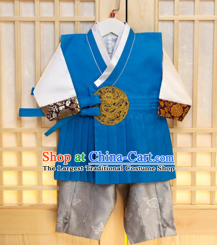 Korea Boys Prince Birthday Fashion Children Blue Vest White Shirt and Grey Pants Traditional Garment Costumes Korean Hanbok Clothing