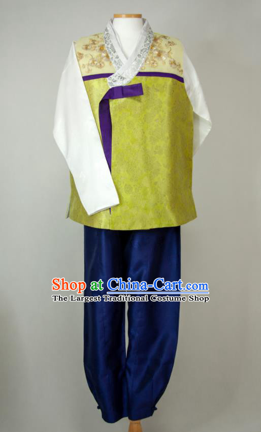 Korea Bridegroom Clothing Wedding Hanbok Young Man Yellow Shirt and Navy Pants Korean Traditional Festival Costumes