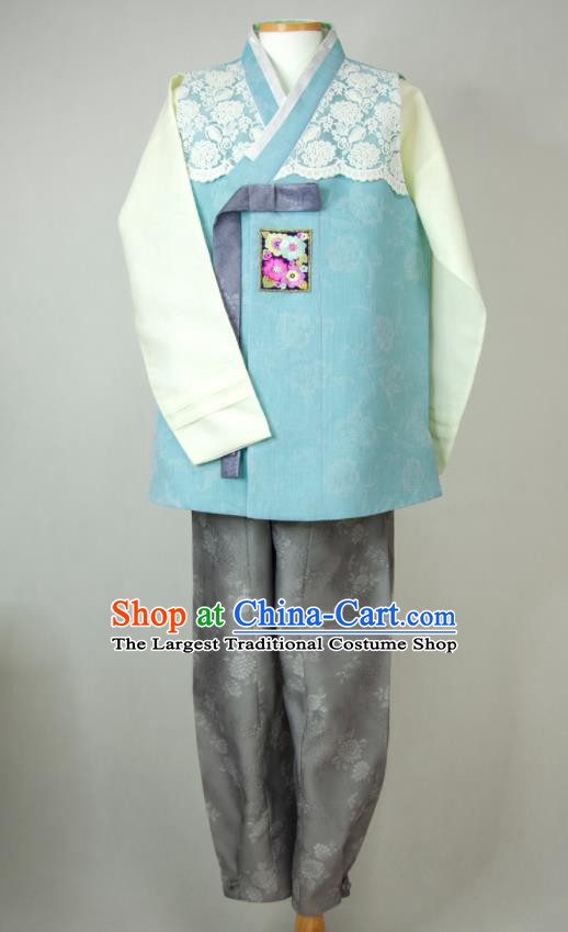 Korean Wedding Hanbok Young Man Blue Vest Beige Shirt and Grey Pants Traditional Festival Costumes Korea Bridegroom Clothing