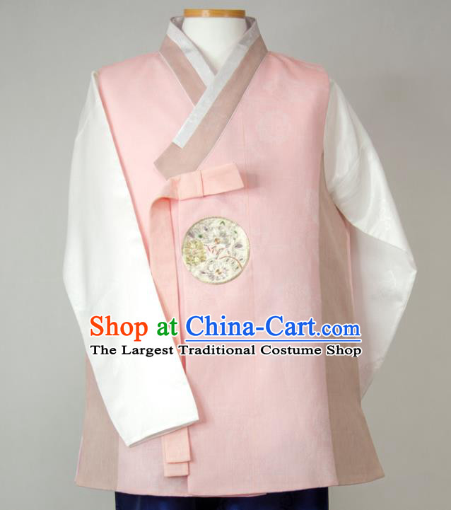 Korean Wedding Hanbok Korea Young Man Pink Vest White Shirt and Navy Pants Traditional Festival Costumes Bridegroom Clothing