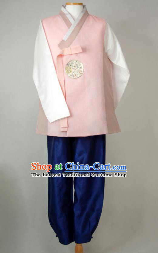 Korean Wedding Hanbok Korea Young Man Pink Vest White Shirt and Navy Pants Traditional Festival Costumes Bridegroom Clothing