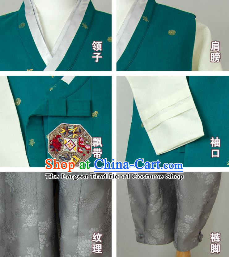 Korean Festival Clothing Wedding Hanbok Korea Young Man Green Vest Beige Shirt and Grey Pants Traditional Bridegroom Costumes