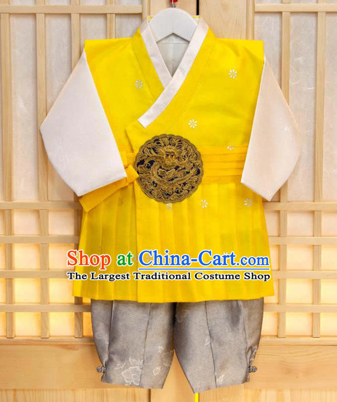 Korean Hanbok Clothing Korea Boys Prince Birthday Fashion Children Yellow Vest White Shirt and Grey Pants Traditional Garment Costumes