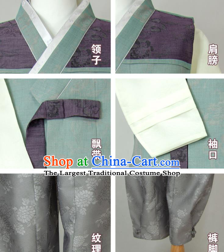 Korea Young Man Green Vest Beige Shirt and Grey Pants Korean Traditional Bridegroom Costumes Festival Clothing Wedding Hanbok