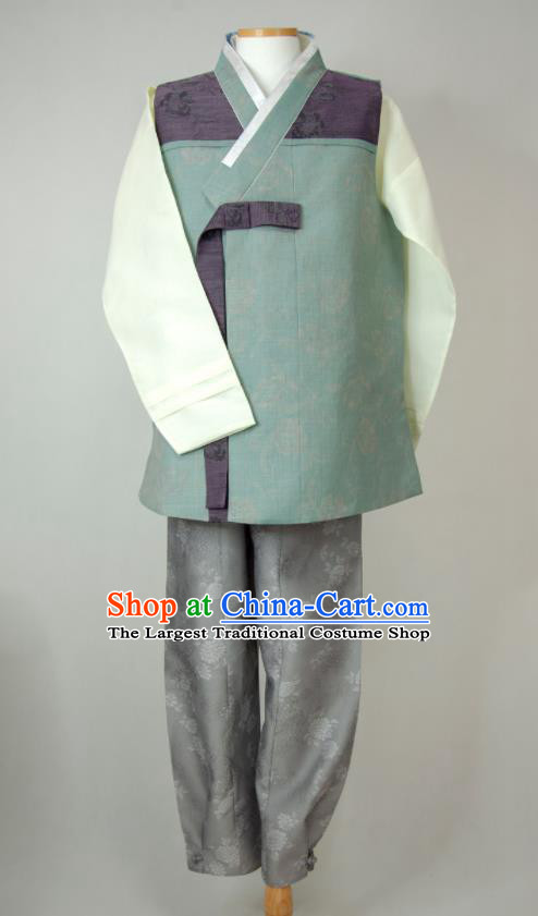 Korea Young Man Green Vest Beige Shirt and Grey Pants Korean Traditional Bridegroom Costumes Festival Clothing Wedding Hanbok