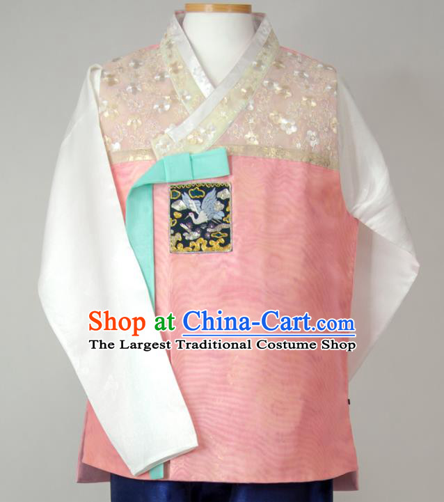 Korea Wedding Hanbok Young Man Pink Vest White Shirt and Navy Pants Korean Traditional Bridegroom Costumes Festival Clothing